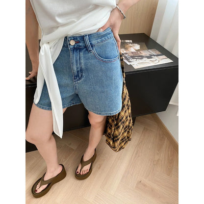 Damen Jeansshorts Hochbund Moderner Schnitt Blau - Norvielle