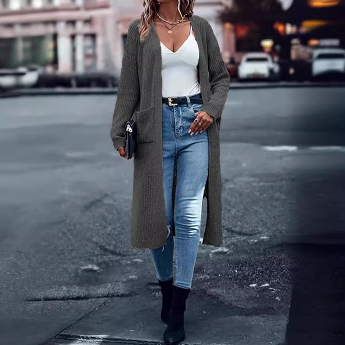 Damen Grobstrick-Cardigan Offene Taschen Lässiger Schnitt Norvielle