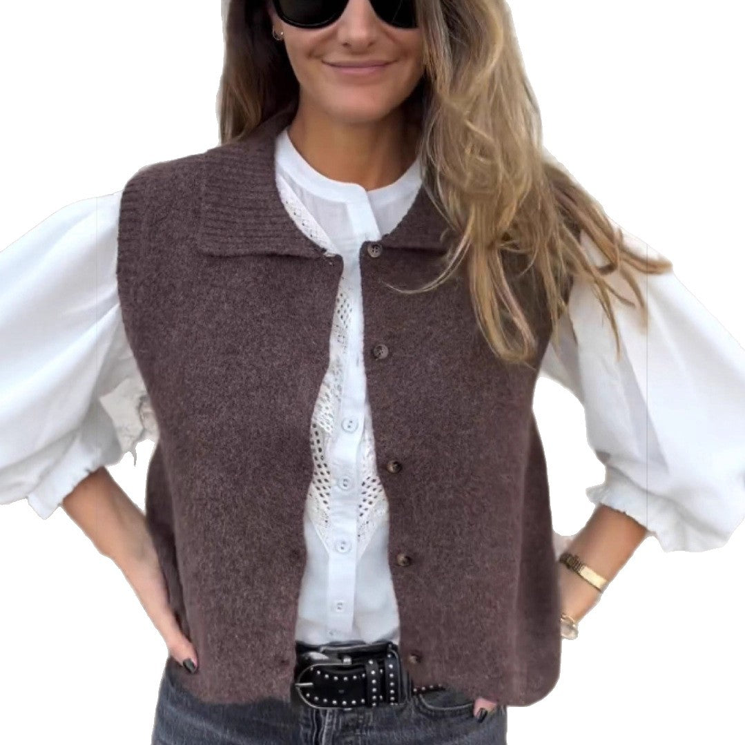 Damen Strickweste Klassischer Kragen Knopfdetails Beige