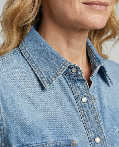 Damen Denim Bluse Dekorative Brusttaschen
