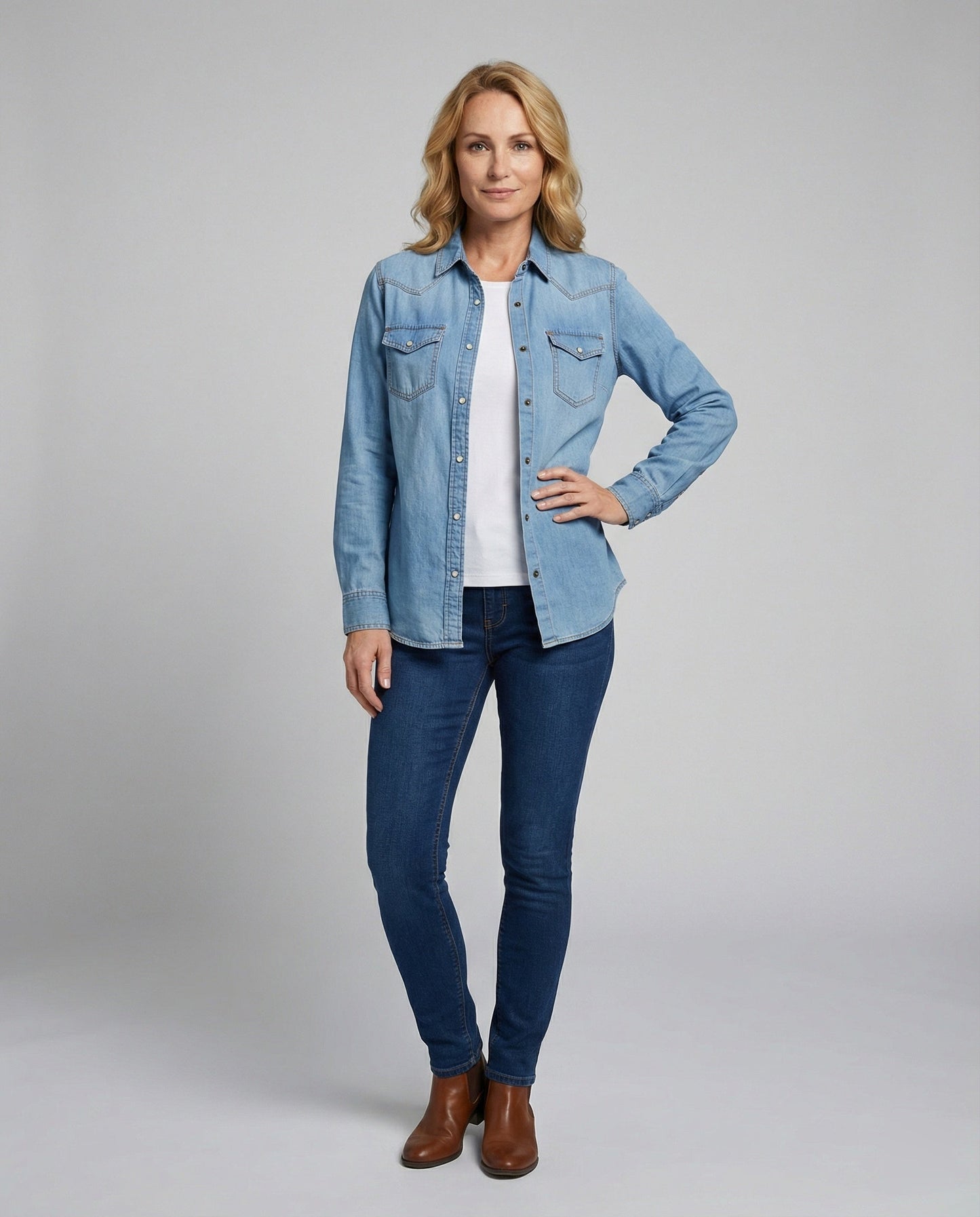Damen Denim Bluse Dekorative Brusttaschen