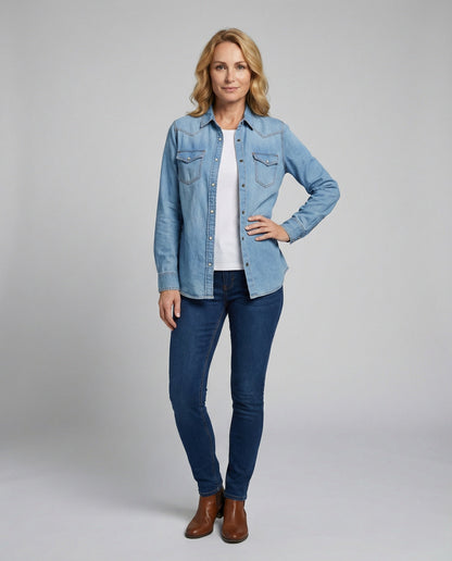 Damen Denim Bluse Dekorative Brusttaschen