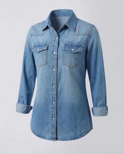 Damen Denim Bluse Dekorative Brusttaschen
