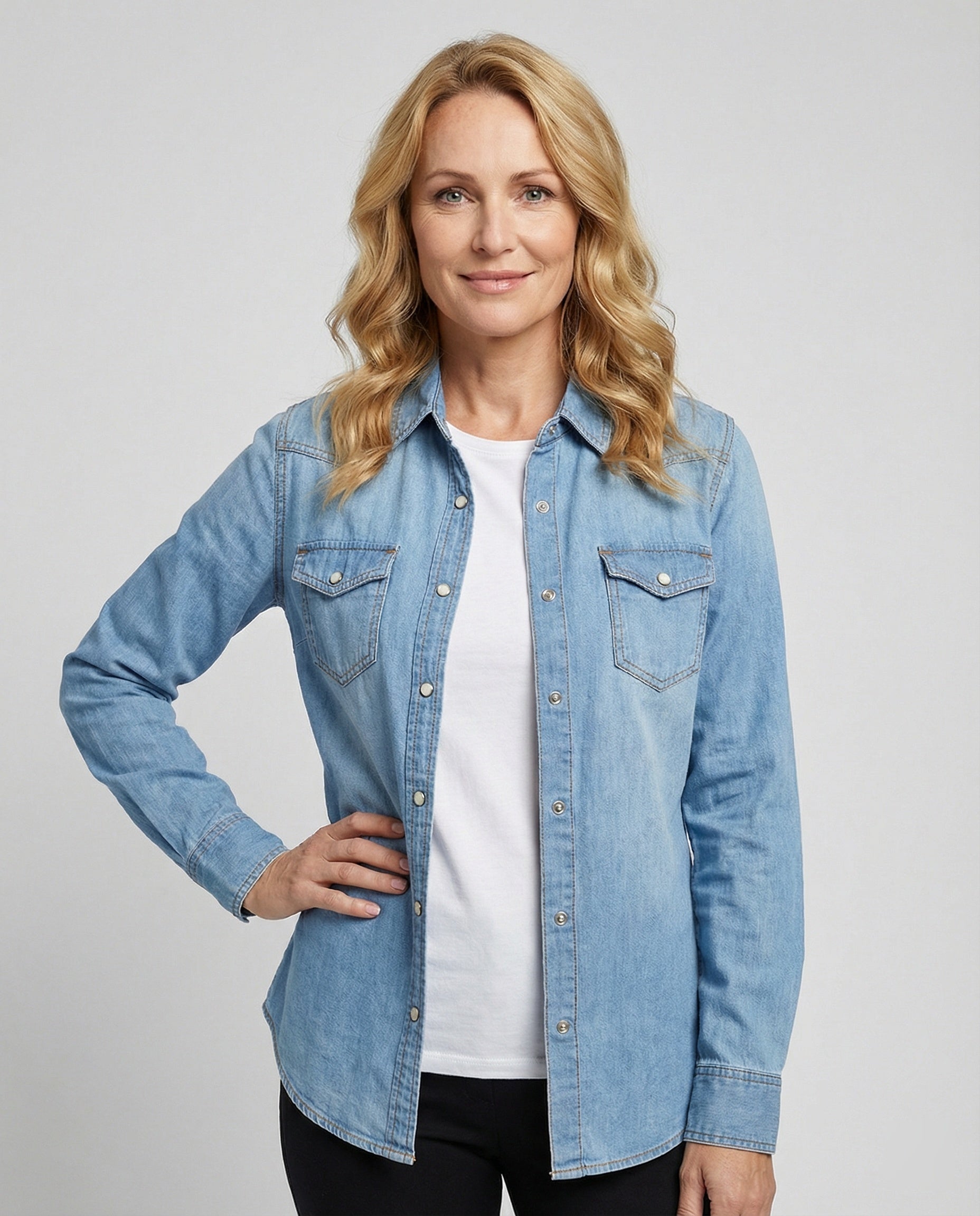 Damen Denim Bluse Dekorative Brusttaschen Blau - Norvielle