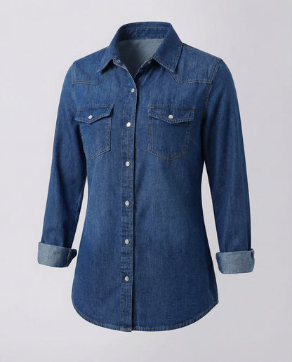 Damen Denim Bluse Dekorative Brusttaschen