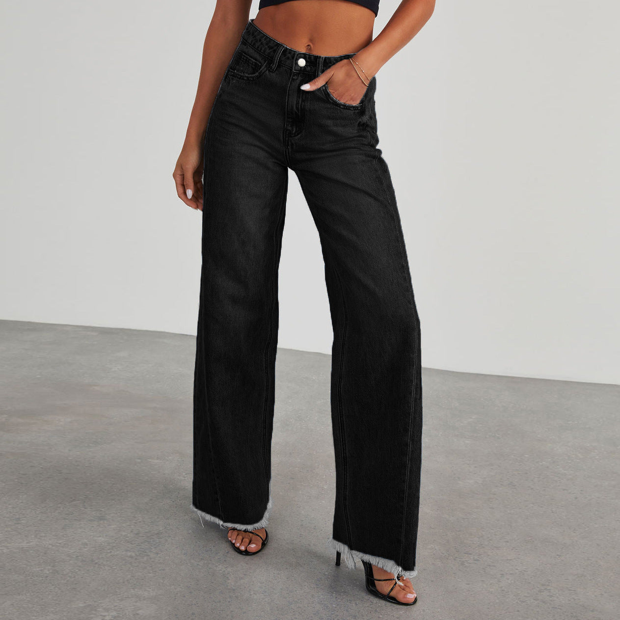 Damen Weite Denim-Jeans mit Fransen Saum
