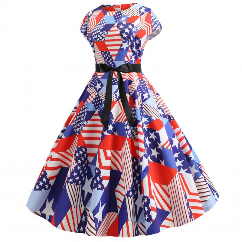 Damen Midikleid Flaggenmuster Elegante Taillenbindung Bunt