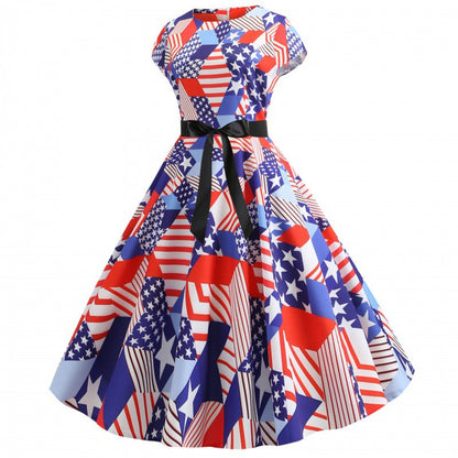 Damen Midikleid Flaggenmuster Elegante Taillenbindung Bunt