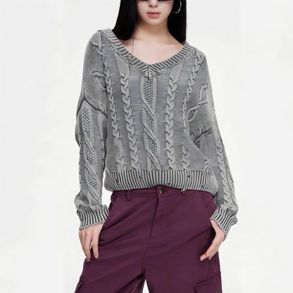 Damen Grobstrickpullover V-Ausschnitt Zopfmuster Norvielle - Norvielle