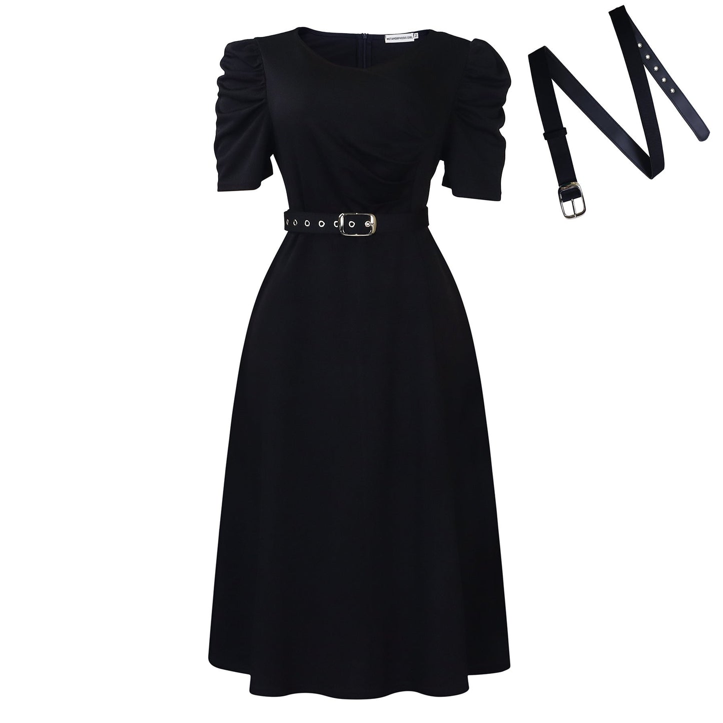 Damen Midi-Kleid Puffärmel Taillierter Gürtel