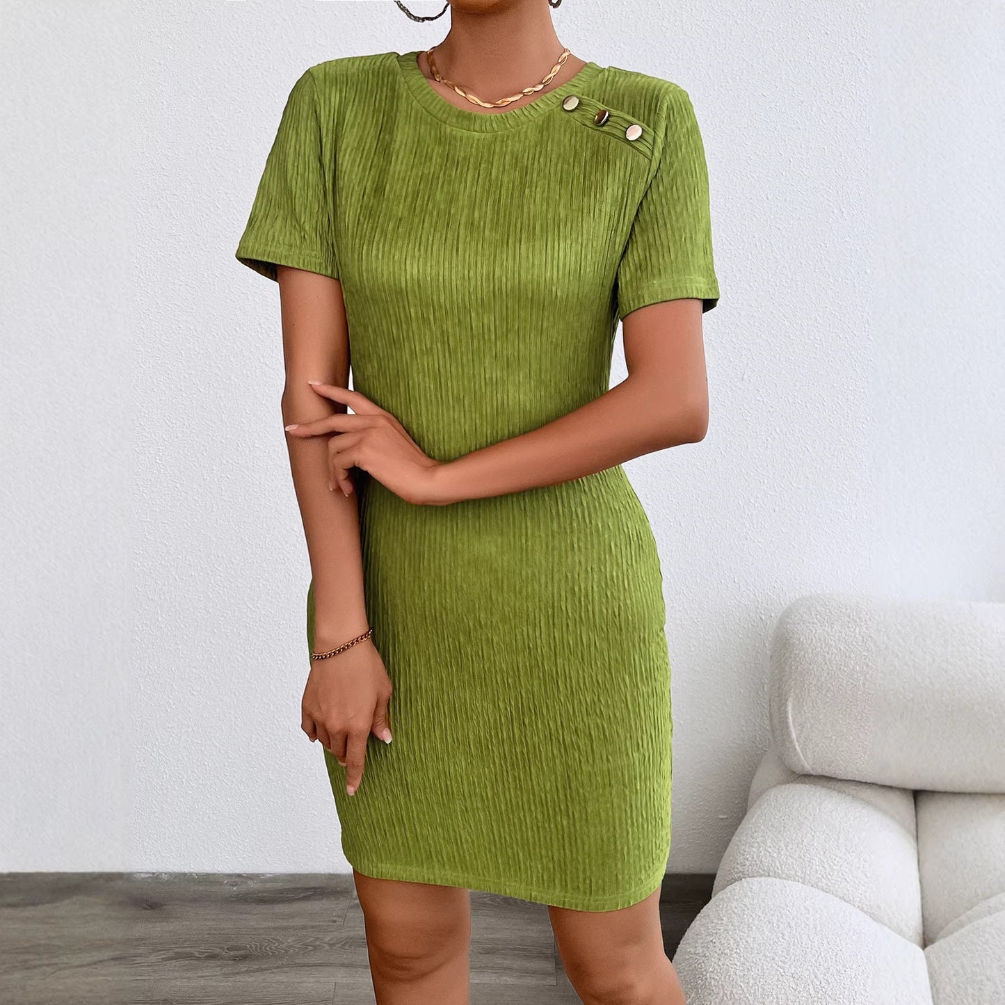 Damen Kurzarmkleid Strukturiert Dekorative Knöpfe Norvielle
