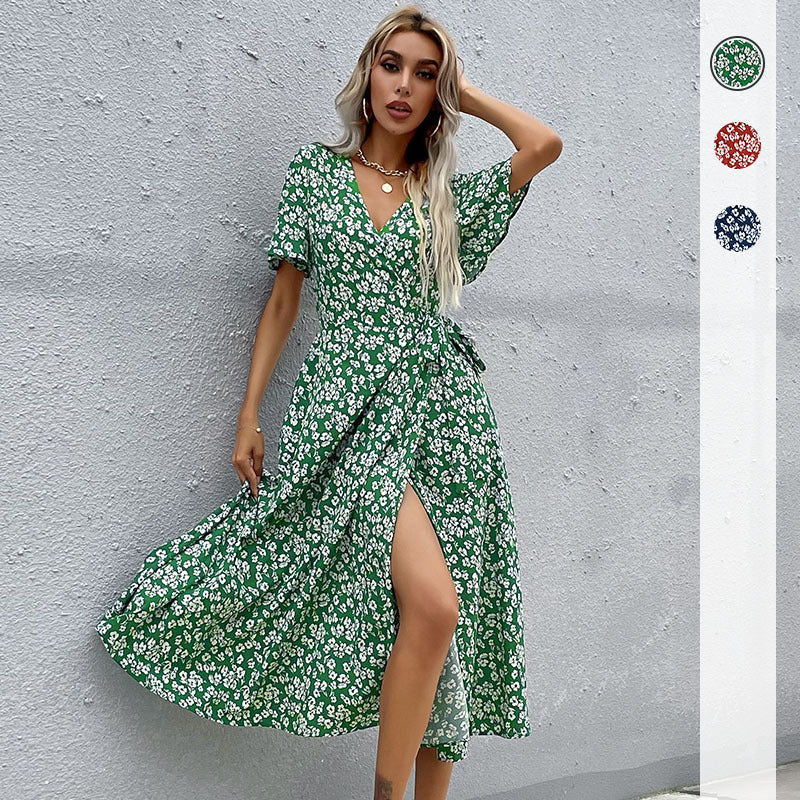 Damen Maxikleid Floralmuster Eleganter Schlitz