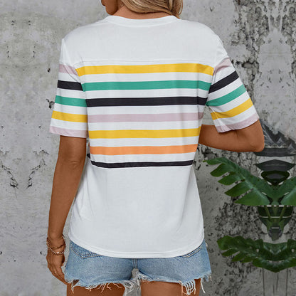 Damen T-Shirt Kurzarm mit Streifenmuster und Brusttasche Bunt