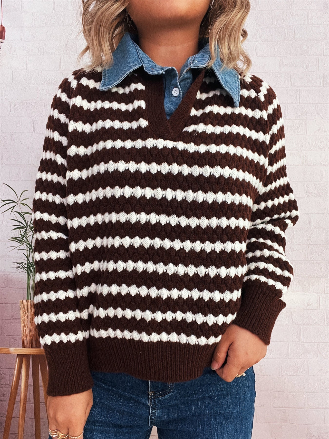 Damen Strickpullover V-Ausschnitt Streifenmuster