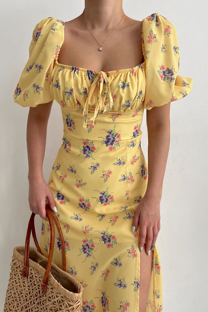 Damen Maxikleid Blütenmuster Puffärmel Hoch Beinschlitz Norvielle