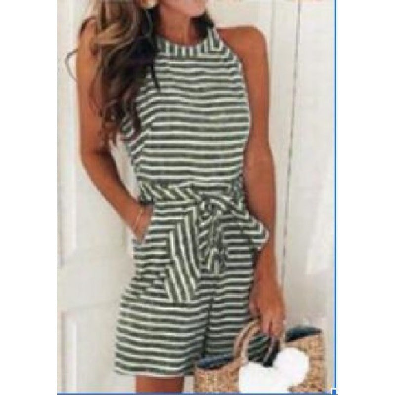 Damen Jumpsuit mit Bindegürtel Gestreift