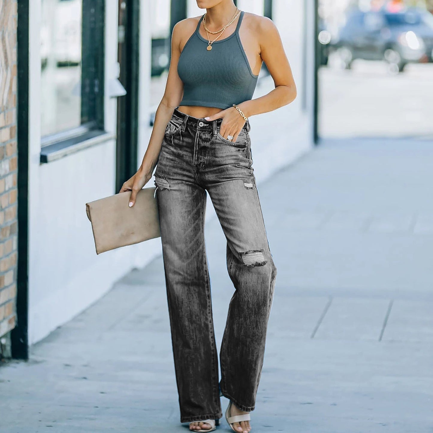 Damen Weite Jeanshose Destroyed Effekt