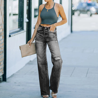 Damen Weite Jeanshose Destroyed Effekt