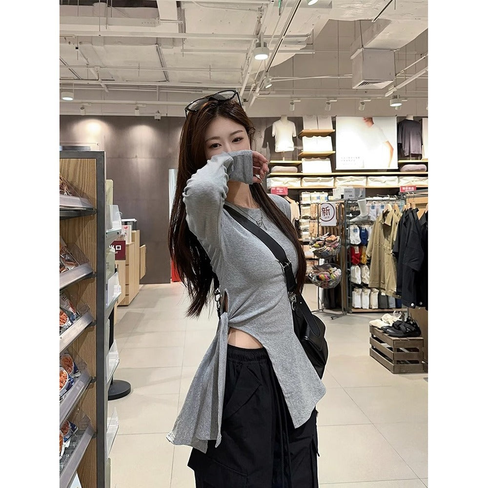 Damen Langarmshirt Rundhalsausschnitt mit Schlitzen Norvielle