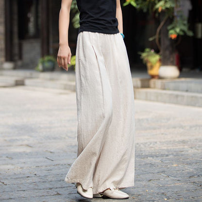 Damen Leinenhose Weit Elastischer Bund Beige