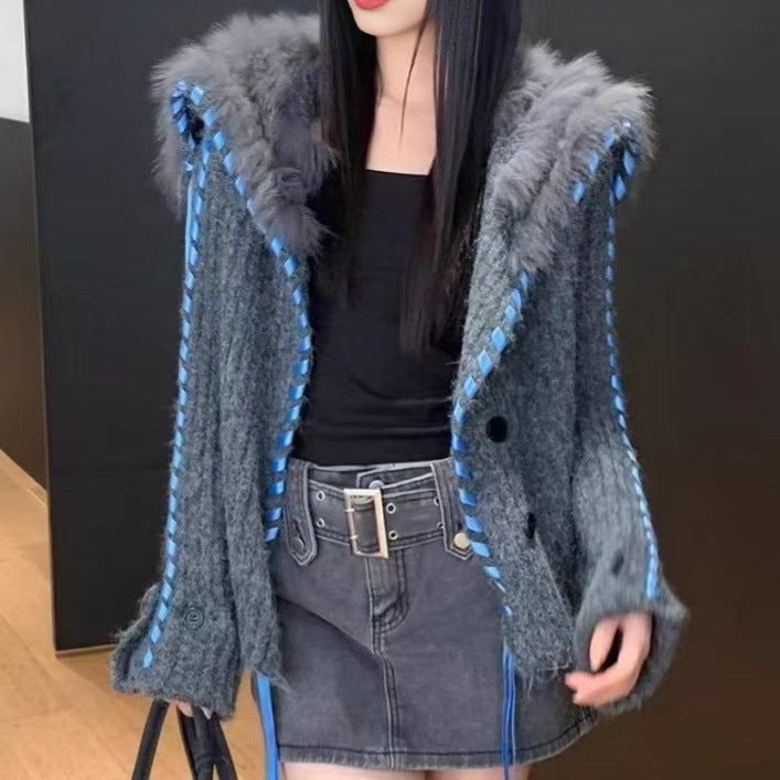 Damen Strickjacke Kapuze Kunstfell Norvielle - Norvielle