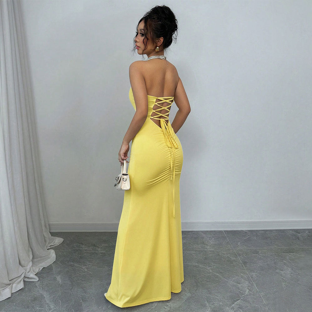 Damen Wickelmaxikleid Schulterfrei Rückenfreies Design