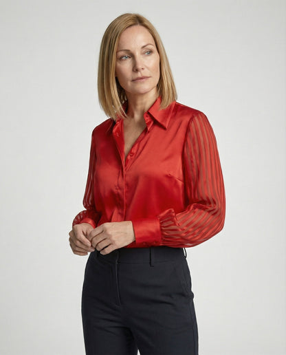 Damen Satinbluse Transparente Puffärmel - Norvielle