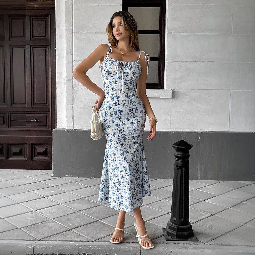 Damen Maxikleid Blumenmuster Verstellbare Träger Fließend Anthrazit - Norvielle