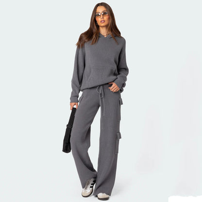 Damen Pullover mit Kapuze Rippstrick Bequem