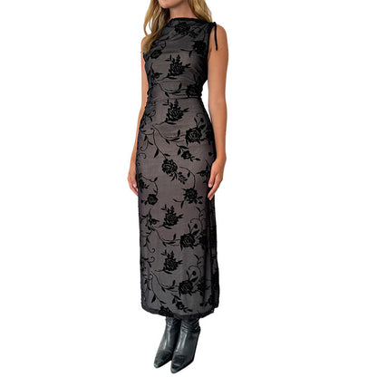 Damen Maxikleid Ärmellos Florales Muster Spitze Norvielle
