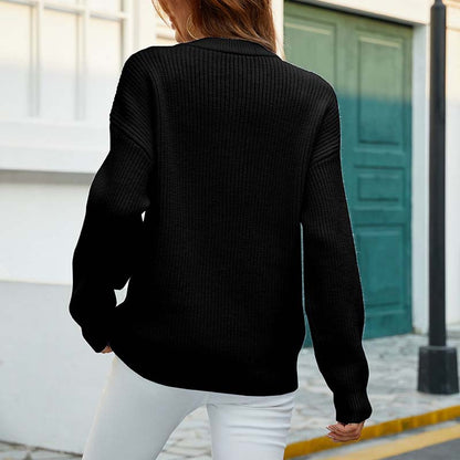 Grauer Damen Strickpullover Rundhals Knopfleiste
