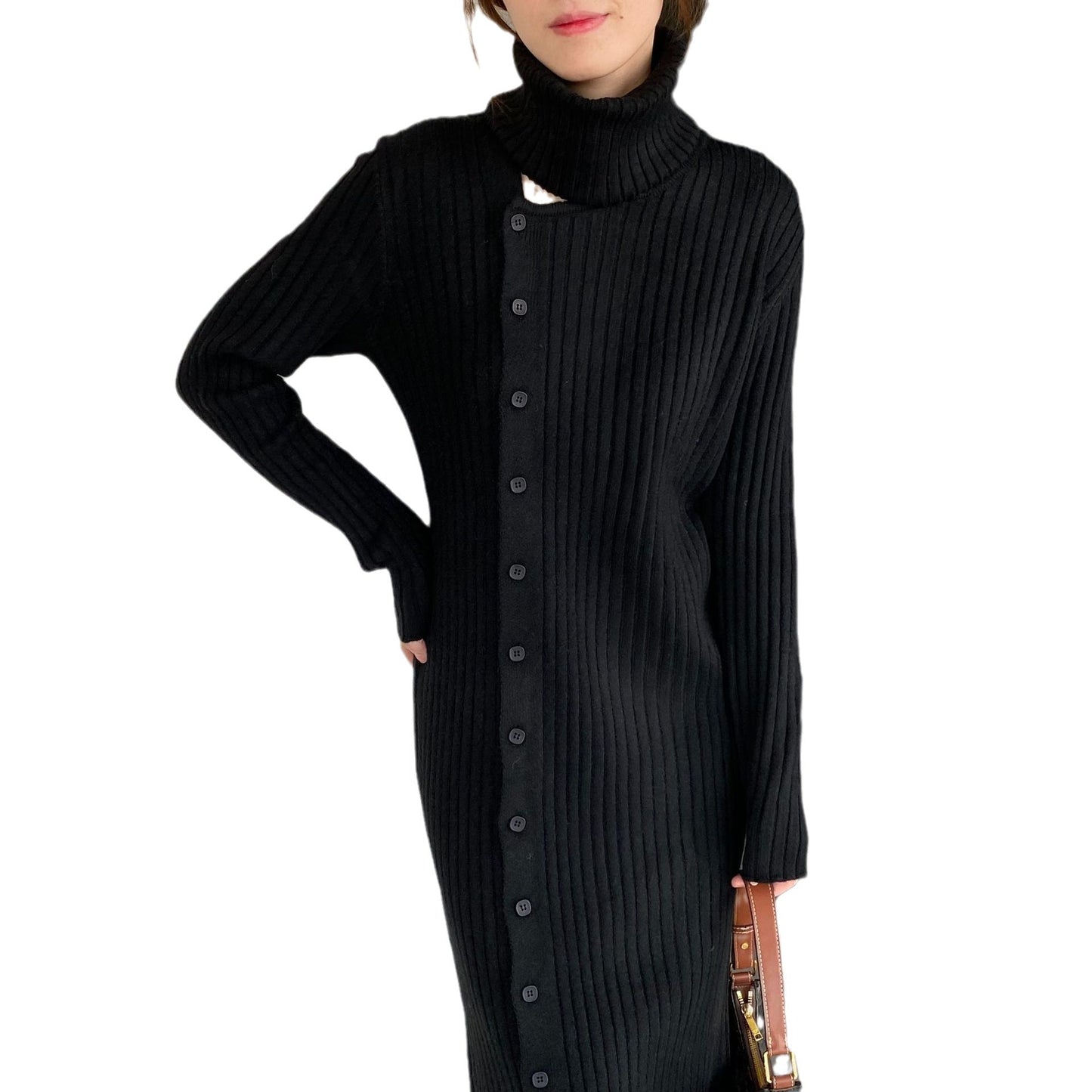 Damen Strickkleid Weiter Rollkragen Durchgehende Knopfleiste Norvielle