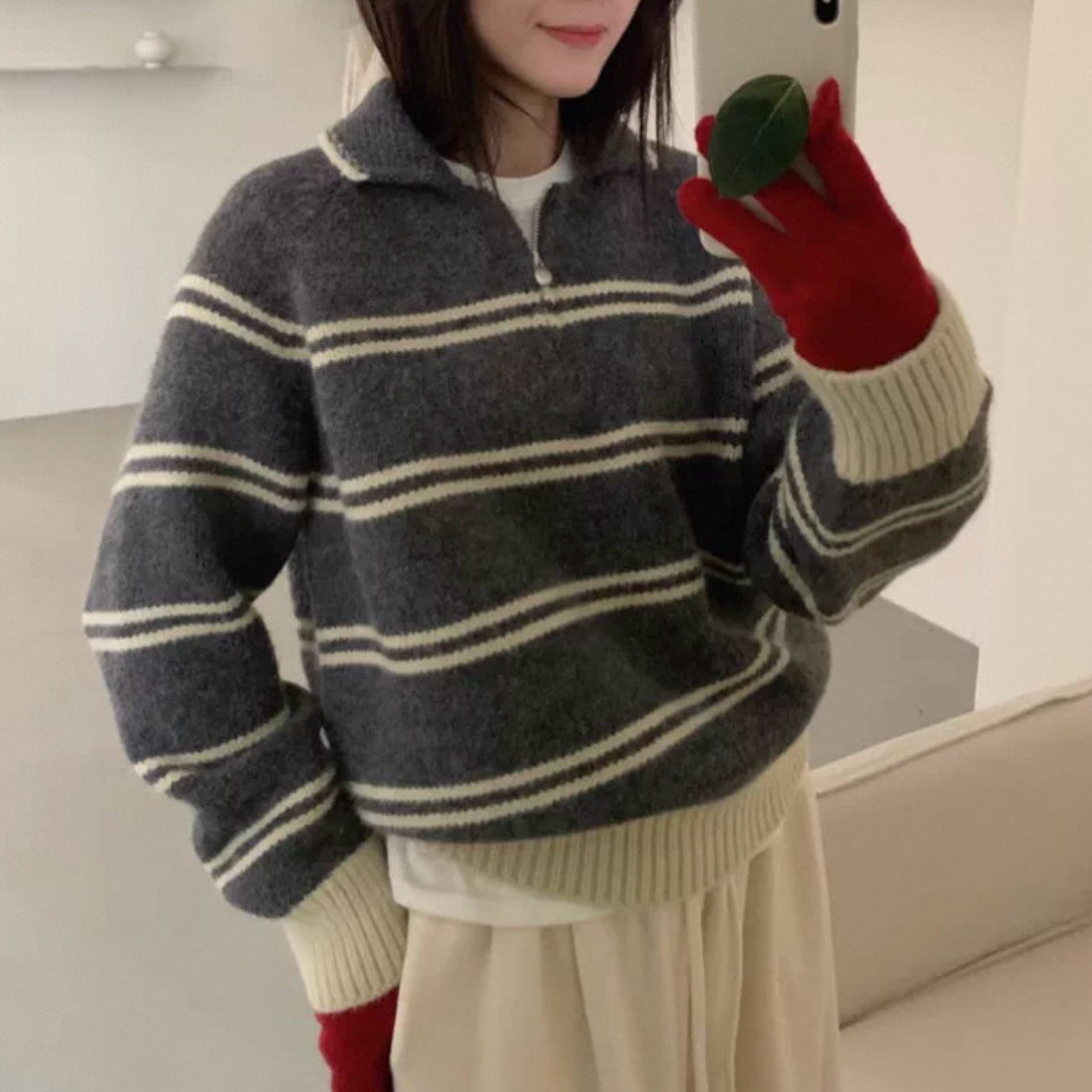 Damen Pullover Gemustert Stehkragen Kontrastdetails Norvielle