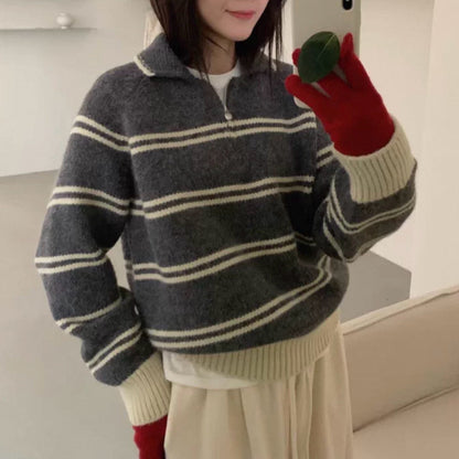 Damen Pullover Gemustert Stehkragen Kontrastdetails Norvielle