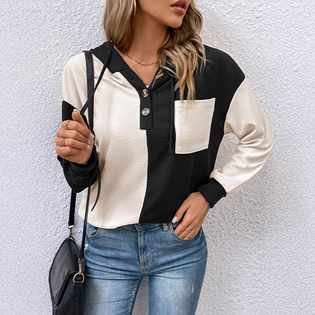 Damen Kapuzenbluse Kontrastfarben Lässig