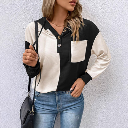 Damen Kapuzenbluse Kontrastfarben Lässig