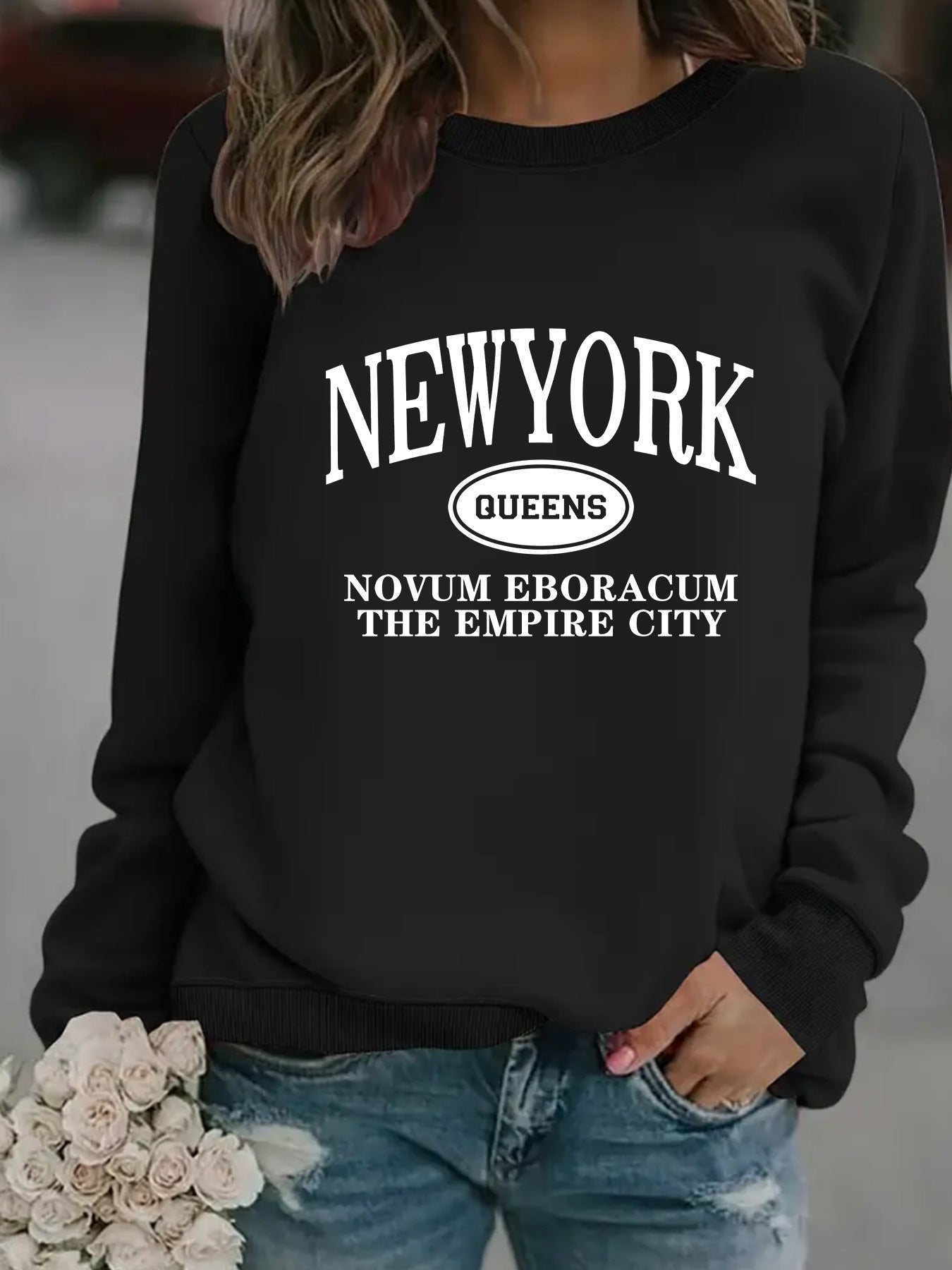 Damen Sweatshirt New Yorker Schriftzug Baumwolle Weiß