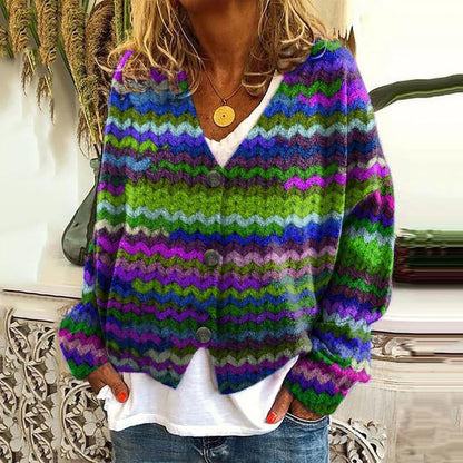 Damen Strickcardigan Bunt Streifen Knöpfe
