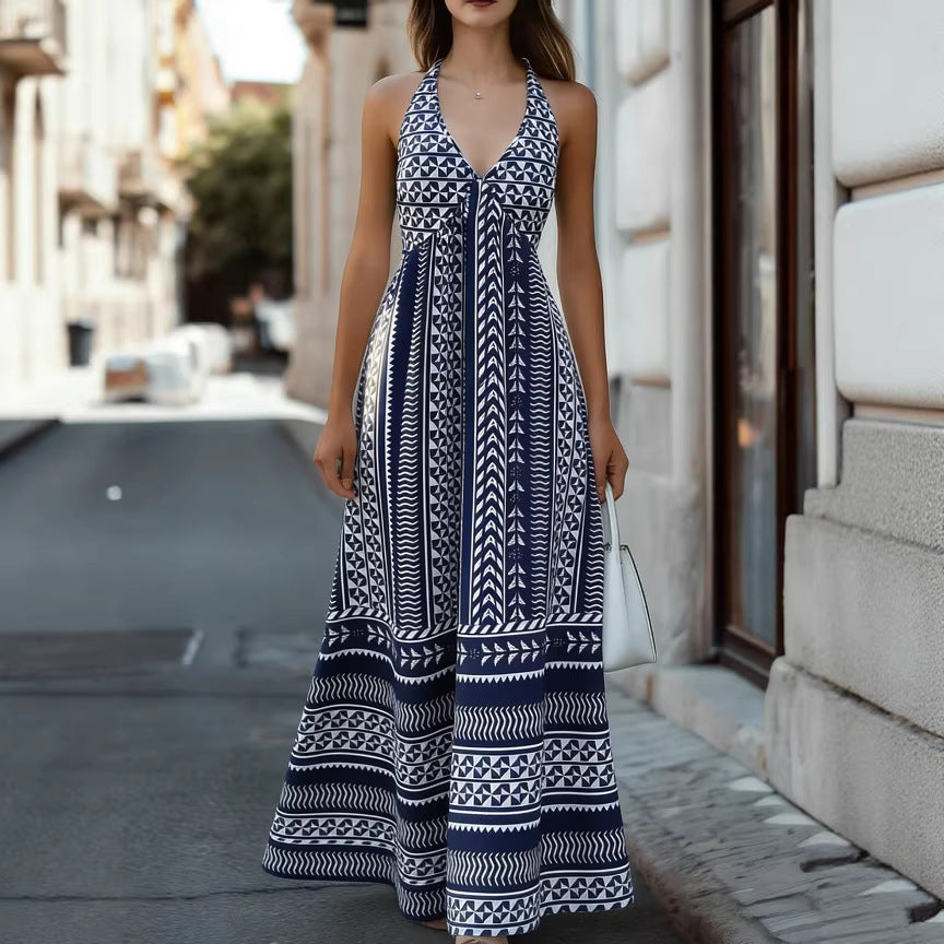 Damen Maxikleid Geometrisches Muster V-Ausschnitt Norvielle