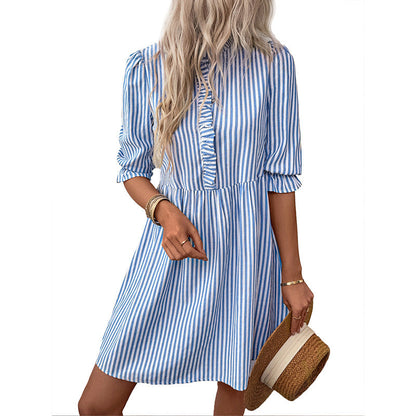 Damen Kleid aus Baumwolle mit Rüschen und Streifen