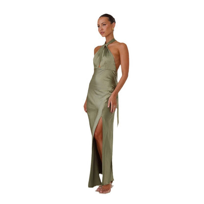Damen Maxikleid Halterneck Seidenstoff Schimmernd