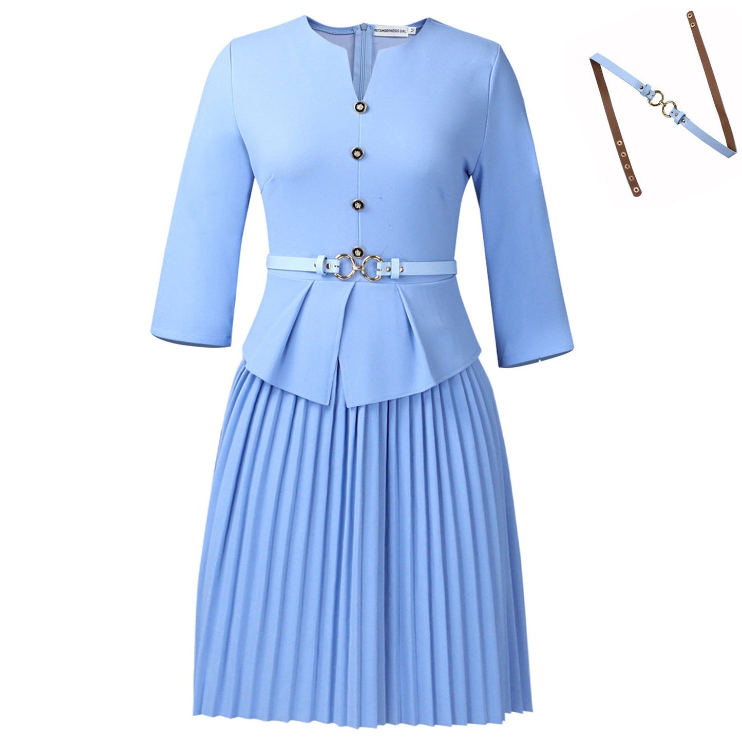 Damen Plissee-Kleid mit Taillenbluse und Gürtel