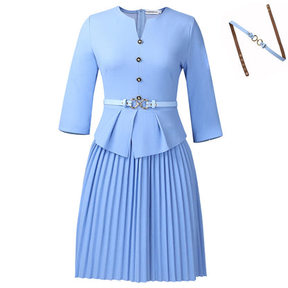 Damen Plissee-Kleid mit Taillenbluse und Gürtel