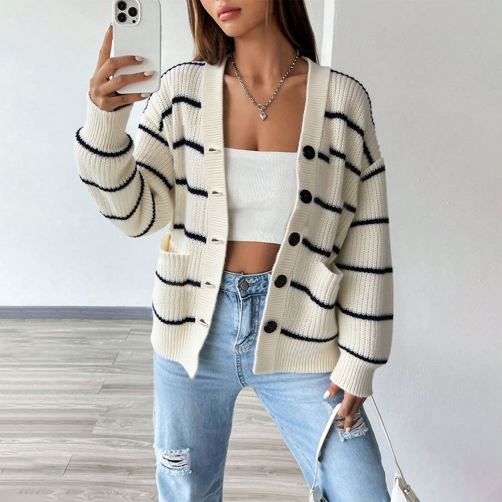 Damen Strickcardigan Kurzarm Gestreift Mit Knöpfen Und Taschen - Norvielle
