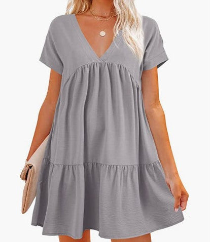 Damen V-Ausschnitt Kleid Weit schwingender Saum Norvielle