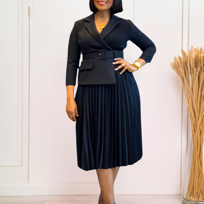 Damen Blazer-Kleid mit Taillengürtel und Plissee Optik