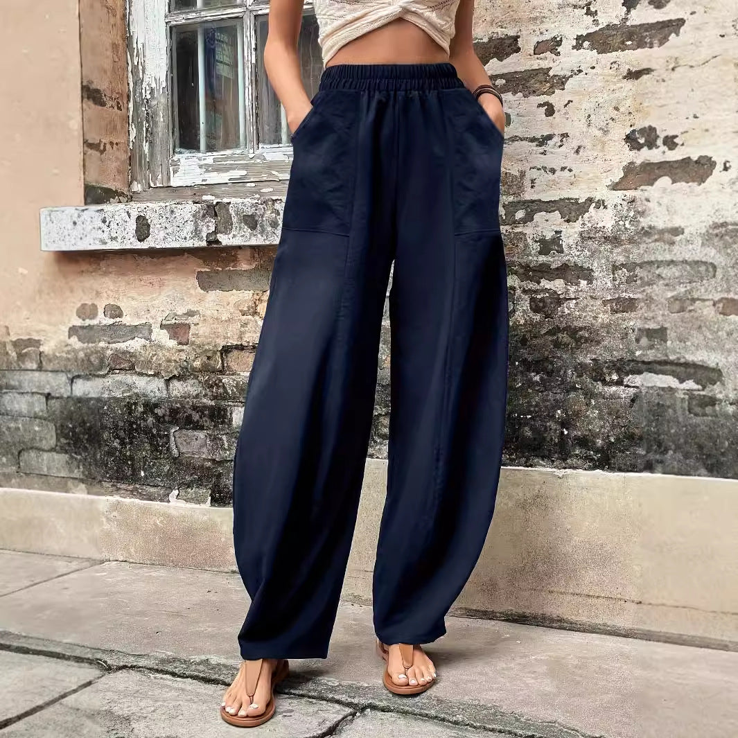 Damen Leinenhose Weit Elastischer Bund Schwarz - Norvielle