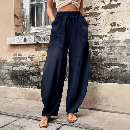 Damen Leinenhose Weit Elastischer Bund Schwarz - Norvielle
