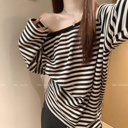 Damen Oversized Off-Shoulder Langarmshirt Streifenmuster
