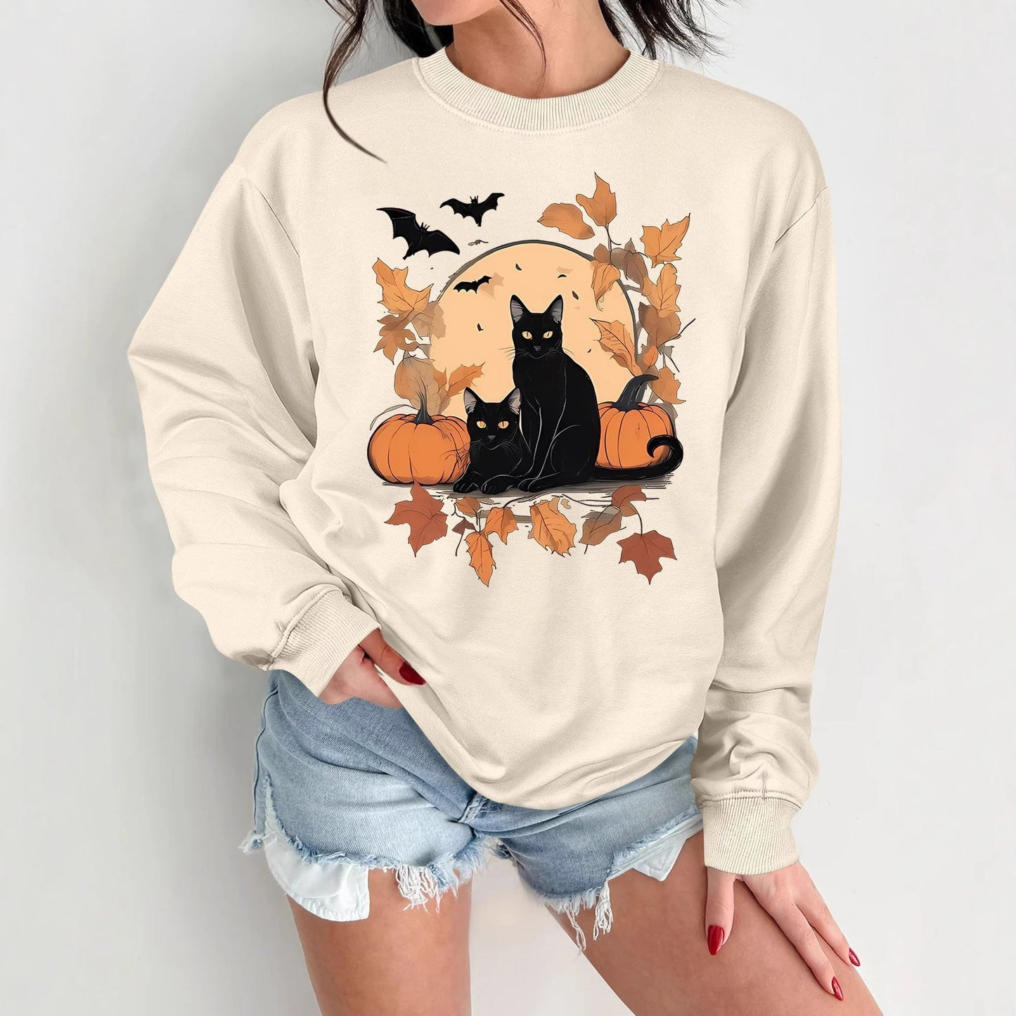 Damen Sweatshirt Herbstlich Katzen Kürbis Design Norvielle
